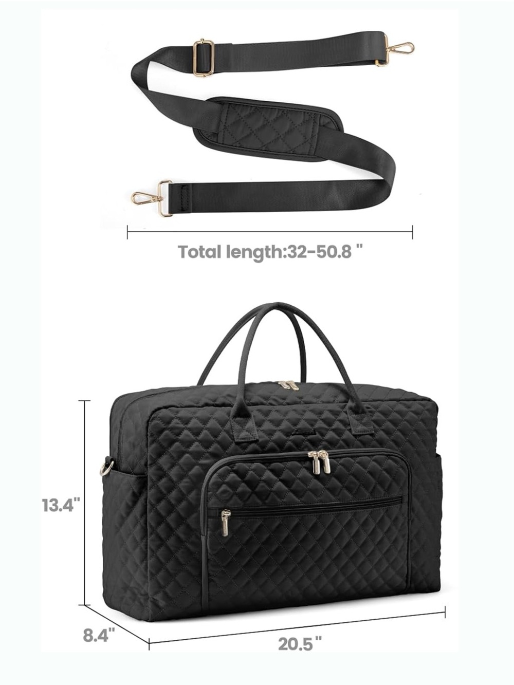 Lovevook Black Quilted Nylon Travel Carryon Weekender Bag